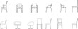 © Riki - Technical line drawings of various chair designs including armchairs, side chairs, swivel chairs, and dining chairs with different back styles and bases.