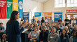 © scaliger - Female speaker addressing a diverse audience at a community event. Engaged adults participating in a public speaking seminar. Networking and learning in a bright hall