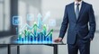 © Tri - Visionary business leader observing a dynamic holographic projection of a rising bar graph and arrow, illustrating strategic financial growth, market success, and future-oriented performance