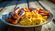 © csp_17 - sausages on a plate with scrambled eggs and bacon , kitchen breakfast, morning sunlight.
