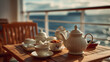 © csp_17 - A realistic and atmosphere photo, no people, just clean white cups of tea and white teapot.