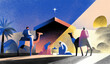 © dreamalittledream - Nativity Scene Illustration with Wise Men on Camels and Holy Family at MangerContemporary religious artwork showing the three kings traveling to visit the newborn savior at Christmas.
