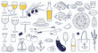 © Edwin - Set of diverse Mediterranean illustrations including wine glasses, olives, pizza, fish, and other food items on a grid paper background.