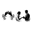© Fuji - Newlyweds exchanging rings amidst floral decorations in elegant silhouette art Vector, illustration