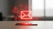 © mcjanuald - Smartphone on desk with glowing red envelope hologram and warning signs symbolizing spam email and cybersecurity threats.