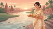 © FestiveFrame Studio  - Woman holding puja thali near river during ganga ritual at sunset with temple landscape in background for spiritual festival culture design use