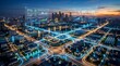 © Bashir Ahammed - Digital transformation of a futuristic urban center with glowing network lines and augmented reality data dashboards at sunset
