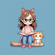 © Yuan - Cute cat sits with owner, warm cartoon with soft cozy tones