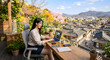 © haeun - Digital nomad working flexibly on a laptop and having a video conference in nature, hybrid work environment (자연속에서 디지털노마드. 근무하는 여자)