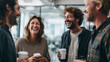 © Lemonkey - Group of coworkers laughing and chatting while holding coffee cups in a modern office, capturing teamwork, friendship, and positive workplace culture