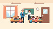 © Md Sorif - Enthusiastic group of young students raise their hands in a colorful classroom while two teachers supervise the lesson near a chalkboard.