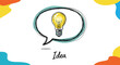 © Md Sorif - Bright yellow glowing light bulb representing a creative idea inside a hand drawn speech bubble with abstract colorful shapes background.