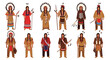 © Md Sorif - Large collection of diverse Native American people depicted in traditional tribal clothing with various headdresses and tools.