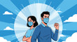 © Md Sorif - Courageous man and woman wearing protective face masks standing against a radiant blue sky with bright white clouds.