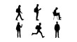 © MstMithila - Student silhouettes collection with backpacks, set of 6 university student figures walking and sitting, black human silhouettes for architectural scale