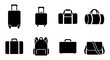 © Moniya - Travel luggage icon set, black solid vector baggage symbols, 8 travel bag elements including suitcase, backpack, and duffel for tourism design