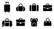 © Moniya - Minimalist luggage icon set, black travel bag silhouettes, collection of 8 baggage and suitcase vector symbols for tourism and business trips