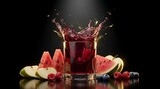 Percikan Jus Buah Segar Dalam Gelas Dikelilingi Semangka Apel Rasberi Bluberi