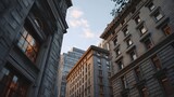 Low angle view capturing the dramatic contrast between classic stone architecture and sleek modern skyscrapers beneath an overcast sky