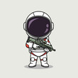 © Sandi Studio - Cute cartoon astronaut character in a white spacesuit with red accents, holding a futuristic green assault rifle, standing on a light gray background, full body vector illustration.