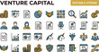 © icon_vectors - A professional two-tone line icon set featuring 30 venture capital and startup funding icons. Includes VC fund coins stack, pitch deck presentation, term sheet document, cap table pie chart, lead inve