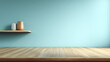 © Olshanetskaia - Empty smooth wooden table surface in the foreground with a light blue wall and decorative shelf in the background for product display concept