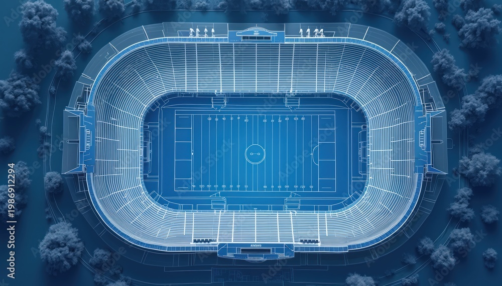 Blueprint of modern stadium construction. Top aerial view shows ...