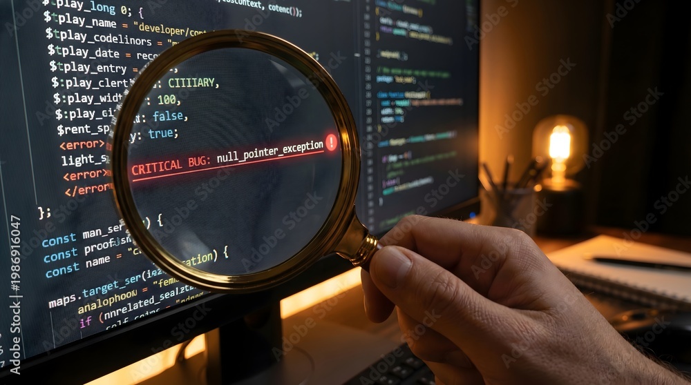 magnifying glass emphasizing critical bug null pointer exception error in programming source code software developer debugging system failure concept