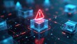 © miss irine - Digital network node has critical error warning. Cyber threat alert shows glitch effect on data blocks. System failure risk, security breach imminent.