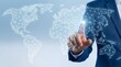 © Art Edge - A professional in a suit is shown interacting with a luminous, intricate world map visualization, emphasizing global enterprise and interconnected digital networks.