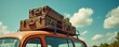 © miss irine - Brown vintage suitcases are stacked high on a car roof rack ready for a journey. The vehicle sports a retro vibe under a bright, cloudy sky, inviting wanderlust and exploration.