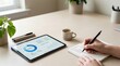 © Chayada - Person writing monthly budget beside tablet expense dashboard showcasing financial planning household budgeting and personal finance management