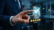 © PRIYA - Digital Approval and Feedback: A businessman interacts with an interactive interface, selecting an approval mark with a satisfied smiley and five stars feedback.