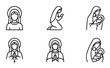 © Juliansyah - Minimalist line art vector icons of Virgin Mary praying, holding baby Jesus, and with rosary. Simple black outline religious catholic christian graphic design collection.