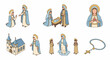 © Juliansyah - Isometric colored vector illustrations of Virgin Mary, holy nativity scene, catholic church, rosary and sacred heart. Religious 3d style graphic icons for christian faith design.