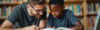 © Pete - Male educator assists young pupil with study material inside library. Teacher provides guidance support boy examines open book. Scene promotes literacy learning mentorship within academic setting.