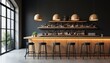 © Pete - Modern bar with wooden counter stools and bottles on shelves against dark wall. Large windows let in daylight, creating empty, stylish restaurant ambiance, perfect for nightlife.