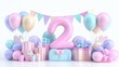 © Ilja - Festive birthday celebration with number 2, colorful balloons, presents, and cheerful decorations.