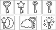 © Royal Ability - Vector coloring book icons set of heart and star keys moon cloud and magic wand in simple outline style large bold lines for kids activity pages