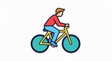 A flat-design illustration showing a person riding a bicycle. The figure is colored in red, blue, and orange with a yellow bicycle