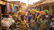 © Aurora Aesthetics - african open air market women produce baskets trade street commerce colorful textiles fresh vegetables busy morning scene celebrating entrepreneurship local food culture and vibrant community exchange
