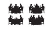 © Md - People dining together at restaurant tables having dinner and drinking wine with friends isolated silhouette set design.