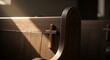 © Ranju - A close up view of a wooden church pew decorated with a small cross symbol in a quiet sanctuary