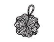 © Yanka - Mesh shower pouf drawn in outline minimalist lineart evokes calm wellness ritual, bathroom accessory hanging on loop, textured mesh suggesting soft foam and gentle exfoliation, versatile icon for spa