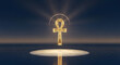 © MyBlues - Glowing golden Egyptian Ankh floating above marble pedestal in dark water