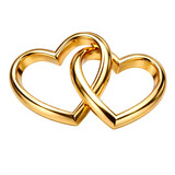Golden interlinked hearts 3D rendering, shiny metallic gold double heart symbol, romantic love icon for wedding invitation PNG isolated