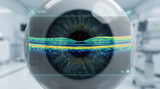 Eye scan retina optical coherence tomography medical imaging eye health vision diagnostic technology ophthalmology iris pupil healthcare medical device scan interface eye examination close up blue