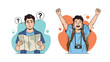 © Silent Kerning - Contrast of two traveler poses showing a confused man with a map and a joyful man celebrating his journey.