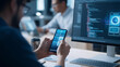 © Laura - Faceless UX developers and UI designers using web design to develop app interface layouts with holographic UI UX displays and future-proof digital development concept. Defocused