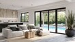© ANDREI - a living room space with a modern open plan kitchen to the left and sofa living room area to the right with big bifold windows full back of this space with view of a swimming pool